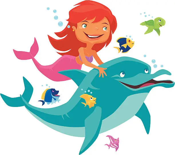 Vector illustration of mermaid and dolphin