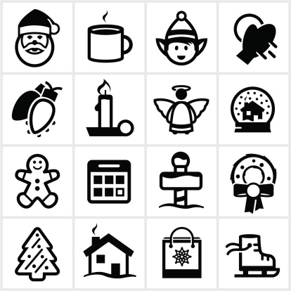 Black Christmas icons. All white shapes and colors are cut from the icons. See portfolio for another set of black Christmas Icons.