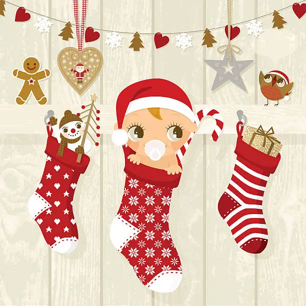 Vector illustration of Christmas baby hanging on a clothes rack