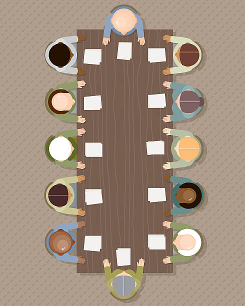 Board Meeting: Overhead View An overhead view of a large board meeting. No gradients were used when creating this illustration. grey hair on floor stock illustrations