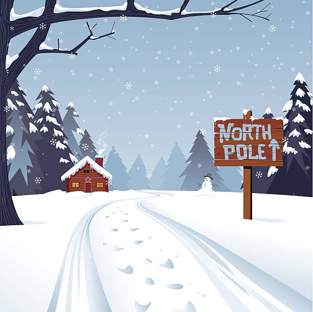 Cartoon illustration of the north pole with trees and snow A winter Christmas scene with the trail leading to the North pole. The text is grouped for easy replacement. Global Colors, large JPG included. north pole stock illustrations