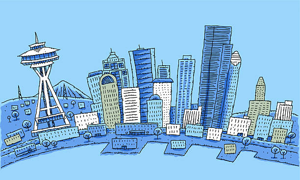 Blue Cartoon Seattle Cartoon of downtown Seattle, USA. cartoon of the seattle city stock illustrations