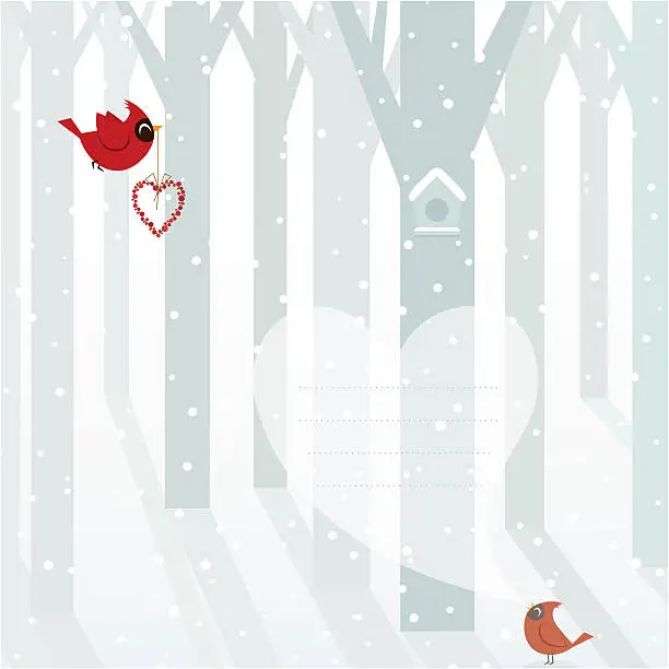 Vector illustration of Christmas birds. Cardinals in love winter snowed landscape