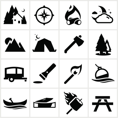 Black camping icons. All white strokes and shapes are cut from the icons and merged.
