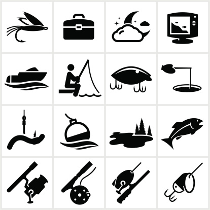 Black fishing icons. All white shapes and strokes are cut from the icons and merged.