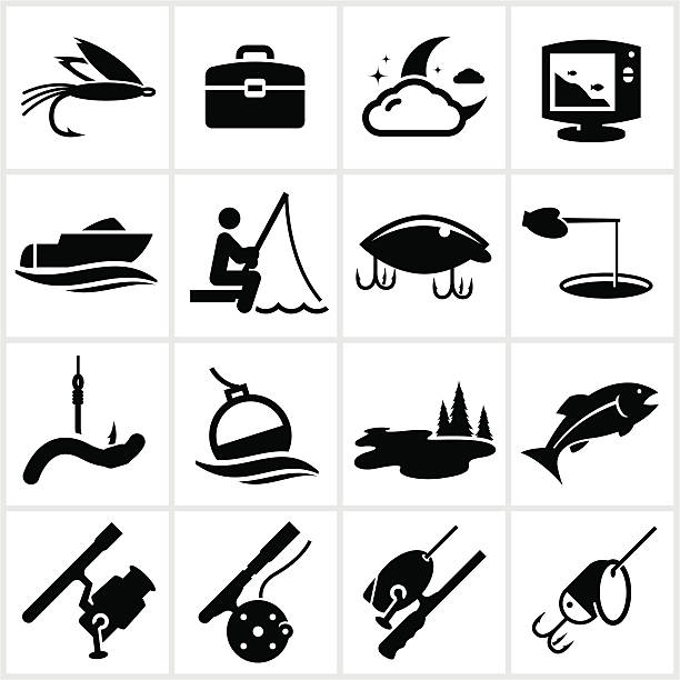 Black Fishing Icons Black fishing icons. All white shapes and strokes are cut from the icons and merged. fishing bait illustrations stock illustrations