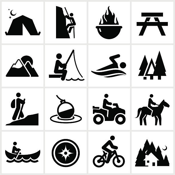 sommererholung-symbole - recreational pursuit mountain biking nature outdoors stock-grafiken, -clipart, -cartoons und -symbole