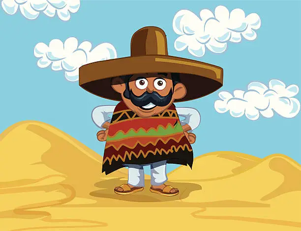 Vector illustration of Cartoon Mexican in the desert with a sombrero