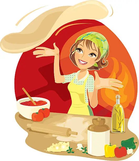 Vector illustration of Illustration of a Pizza Chef with ingredients around her