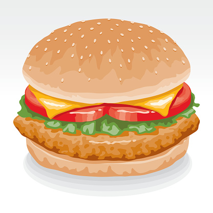 A chicken sandwich: Breaded chicken on a sesame seed bun, with cheese, lettuce and tomato. File contains only one gradient, the background shape, which is on its own layer. The rest of the shapes do not use gradients.