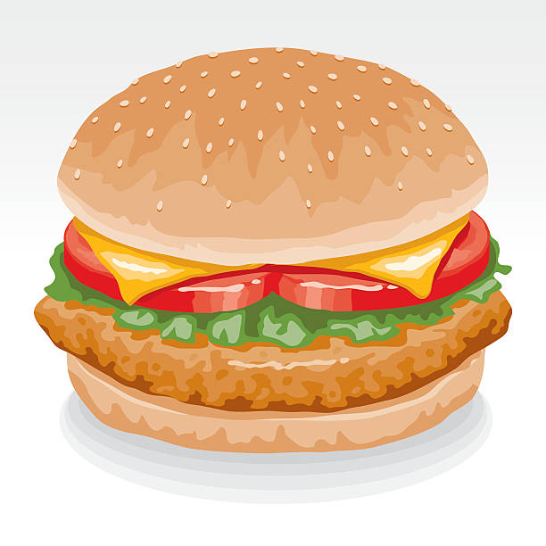 Chicken Sandwich A chicken sandwich: Breaded chicken on a sesame seed bun, with cheese, lettuce and tomato. File contains only one gradient, the background shape, which is on its own layer. The rest of the shapes do not use gradients. breaded stock illustrations