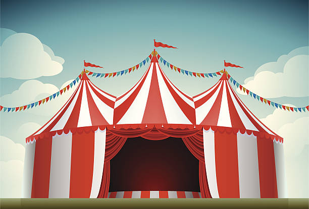 circus tent A retro circus tent with clouds in the background. entertainment tent illustrations stock illustrations