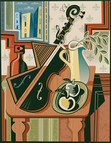 A still life with a violin or cello, and a table with carafe, jug and fruit, with a landscape in the background, all in a slightly Cubist style. As it's a fairly complex image there are 14 layers to make editing easier.