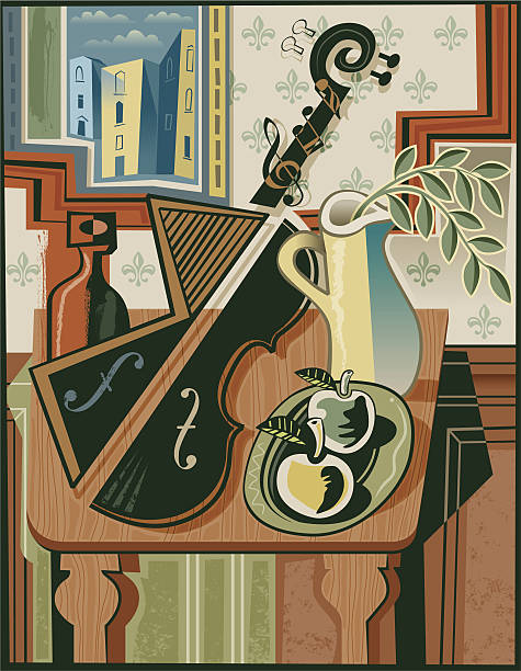 Still life with music A still life with a violin or cello, and a table with carafe, jug and fruit, with a landscape in the background, all in a slightly Cubist style. As it's a fairly complex image there are 14 layers to make editing easier. cubist style stock illustrations