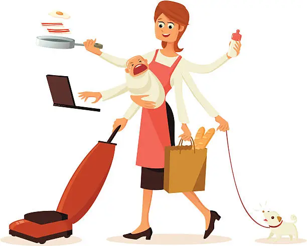 Vector illustration of Modern multi-tasking housewife with multiple hands