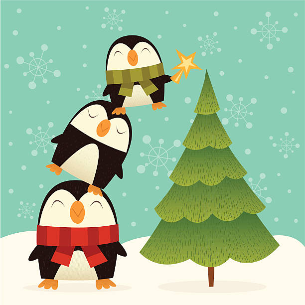 Christmas Tree Decorators Penguins Decorating a Christmas Tree penguin stock illustrations