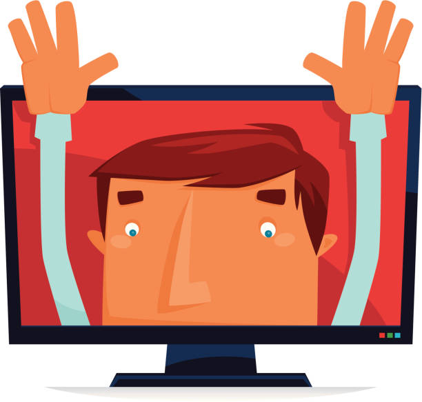 man raising hand vector illustration of man coming out from lcd and waving… coming out of computer screen stock illustrations