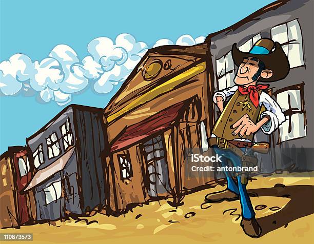 Dessin De Cowboy Shérif Dans Une Poussière Town Street Vecteurs libres de droits et plus d'images vectorielles de Adulte