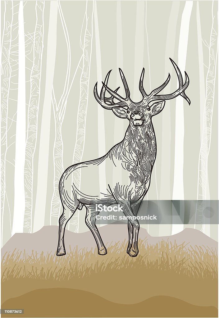 Elk in the Grasslands Forest An elk standing steadily in the plains on a forest backdrop. Elk stock vector