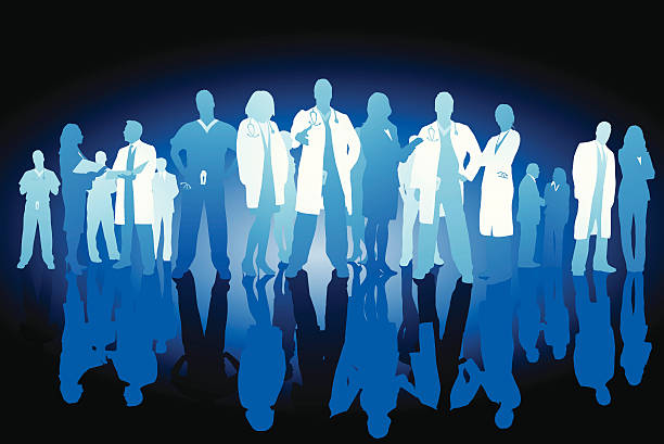 Healthcare professionals Team of healthcare professionals with variety of people with and without white coats, in scrubs, and in dress clothes, and with or without stethoscopes and with reflections on white. nurse silhouettes stock illustrations