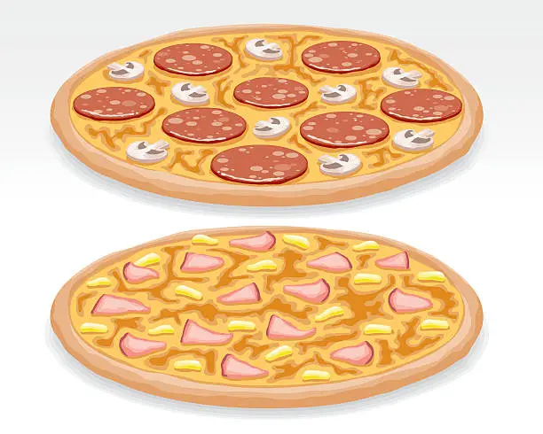 Vector illustration of Two Pizzas: Pepperoni and mushroom, hawaiian