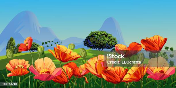 Красивый Весенний Пейзаж — стоковая векторная графика и другие изображения на тему Лето - Лето, Мак - растение, Painterly Effect
