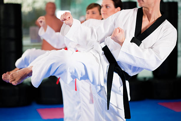 Martial Arts sport training in gym People in a gym in martial arts training exercising Taekwondo, the trainer has a black belt taekwondo stock pictures, royalty-free photos & images