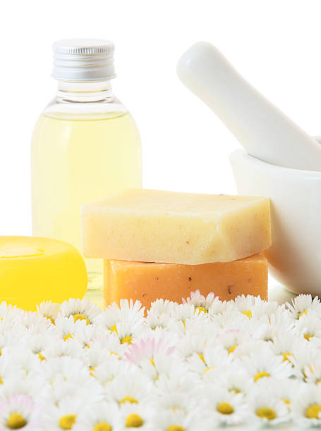 camomile produtos - chamomile chamomile plant shampoo aromatherapy oil imagens e fotografias de stock