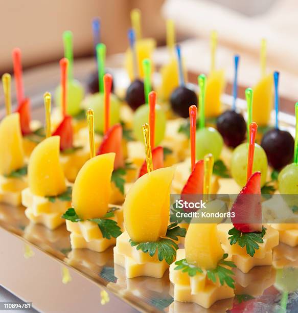 Canapes Of Cheese With Fruits Stock Photo - Download Image Now - Arrangement, Buffet, Canape