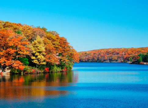 Lower Ausable Lake in the Adirondack Mountains, New York State, USA, during Fall colors.