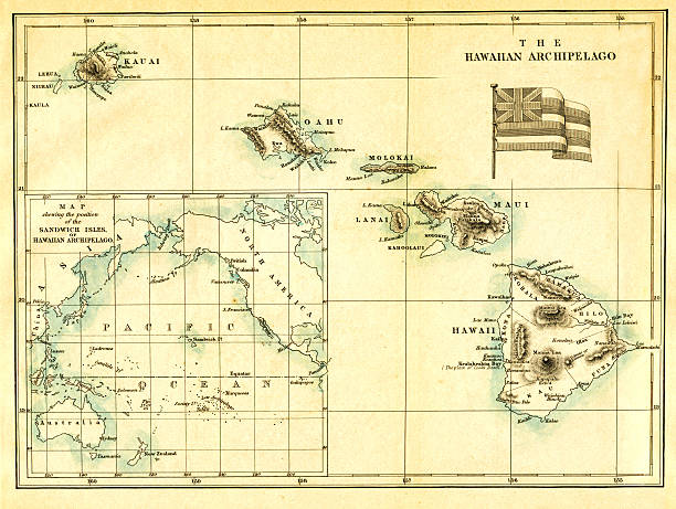 antike karte von hawaii - hawaii inselgruppe stock-fotos und bilder