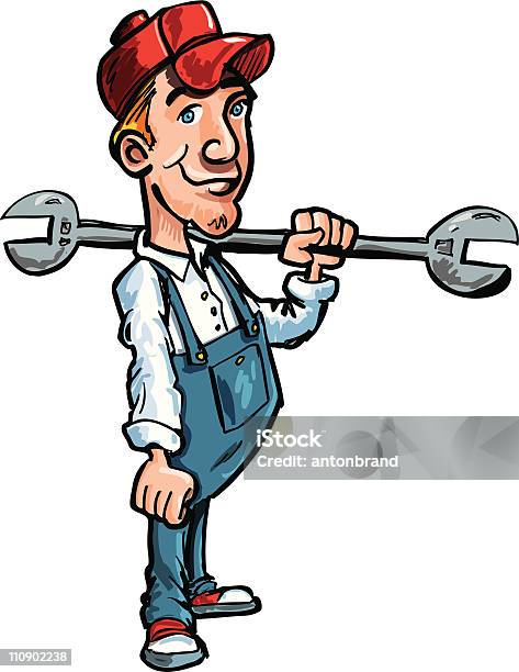 Cartoon Plumber With A Big Wrench Stock Illustration - Download Image Now - Plumber, Standing, Baseball Cap