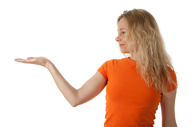 Nice young woman holding her hand palm up