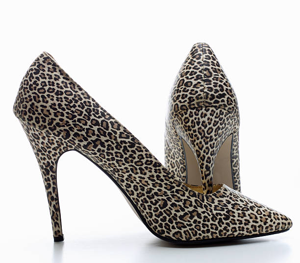 A stylish black stiletto shoe with a gold accent on the heel and a leopard print sole set against a dark red background with copy space for text