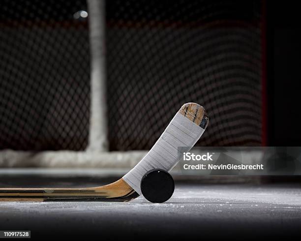 Photo libre de droit de Palet De Hockey Bâton Et Net Paysage banque d'images et plus d'images libres de droit de Palet de hockey - Palet de hockey, Bâton de bois, Glace