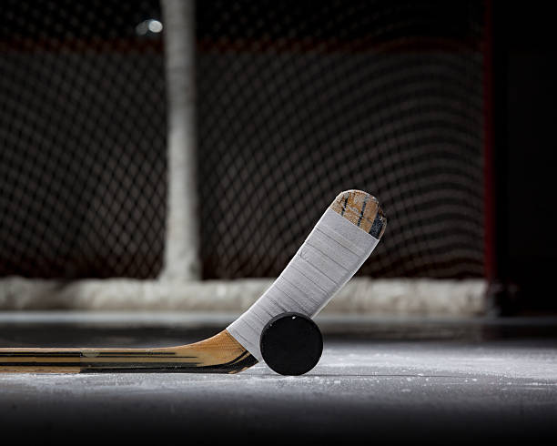 Hockey Puck, Stick, and Net (landscape)  hockey puck photos stock pictures, royalty-free photos & images