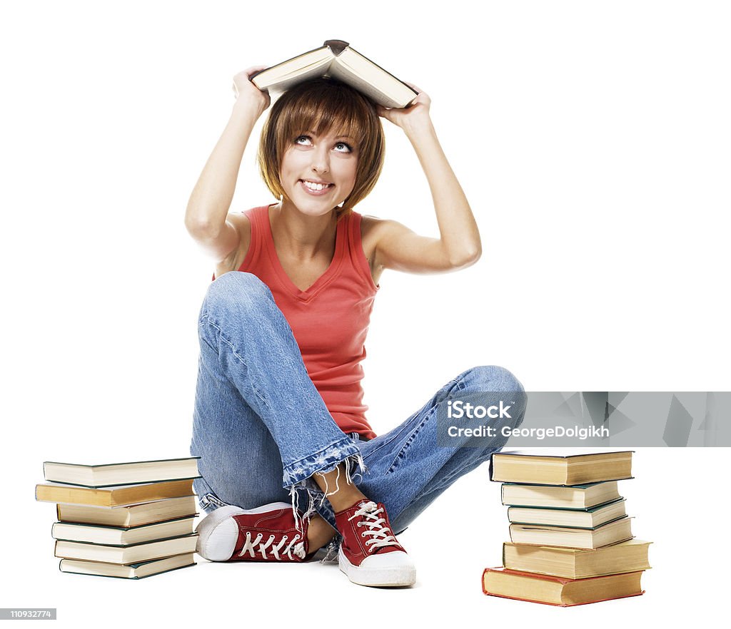 Lustiger student-Mädchen mit vielen Büchern - Lizenzfrei Lesen Stock-Foto