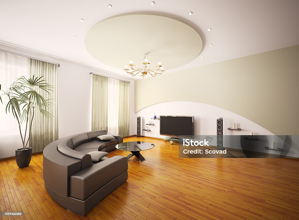 Moderna sala interior render 3d - Foto de stock de Acogedor libre de derechos