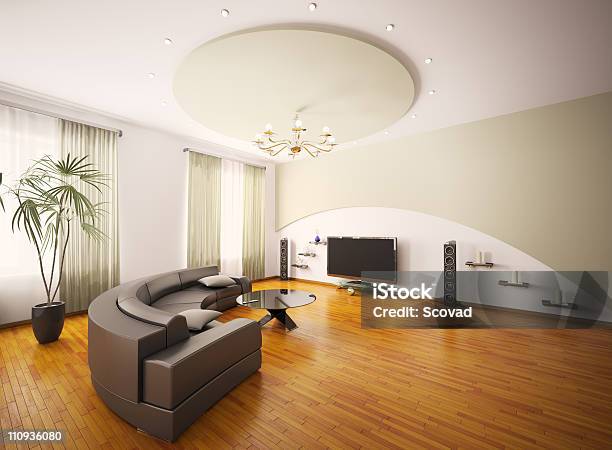 Moderna Sala Interior Render 3d Foto de stock y más banco de imágenes de Acogedor - Acogedor, Almohada, Altavoz