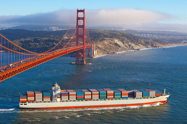 istock Container ship sailing under Golden Gate bridge out to sea 110936272