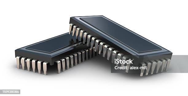 Chips De Computadores Isolado A Branco - Fotografias de stock e mais imagens de Circuito Integrado de Computador - Circuito Integrado de Computador, Componente Elétrico, Cor preta