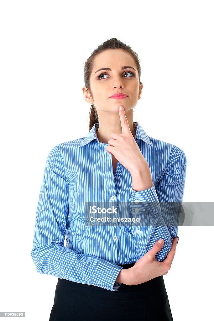 Jovem pensativa fêmea com camisa azul, Isolado no branco - Foto de stock de Adulto royalty-free