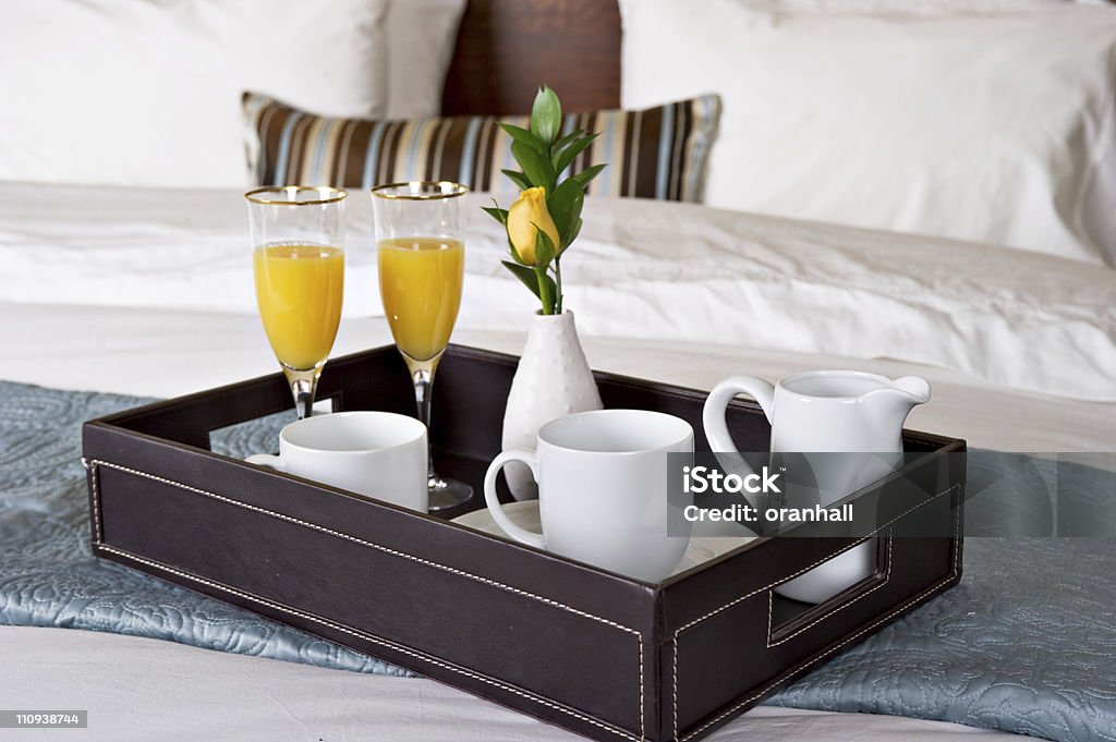 Breakfast in bed Breakfast tray on a bed Bed - Furniture Stock Photo