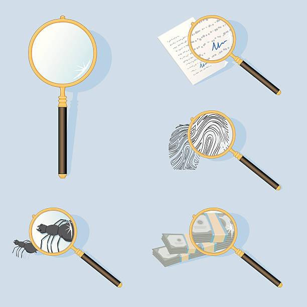 lupe und symbole - scrutiny examining finance officer stock-grafiken, -clipart, -cartoons und -symbole