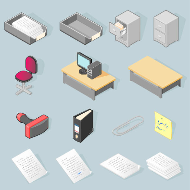 Isometric Office Icons A set of Isometric Vector Office Icons. All grouped and layered for easy editing. inbox filing tray stock illustrations