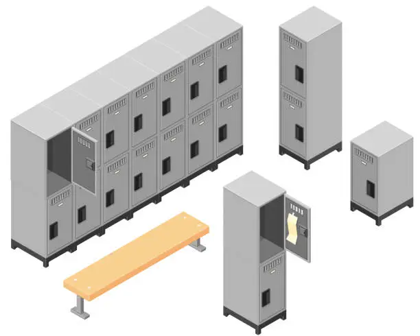 Vector illustration of 3D illustration of a locker room with lockers and a bench