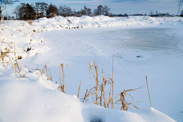 lago no inverno dia - eisfläche imagens e fotografias de stock