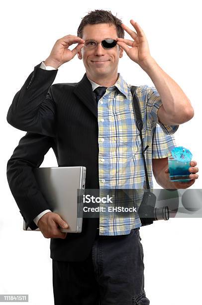 Multitasker On Holiday With Cocktail Camera Laptop Computer Sunglasses Stock Photo - Download Image Now