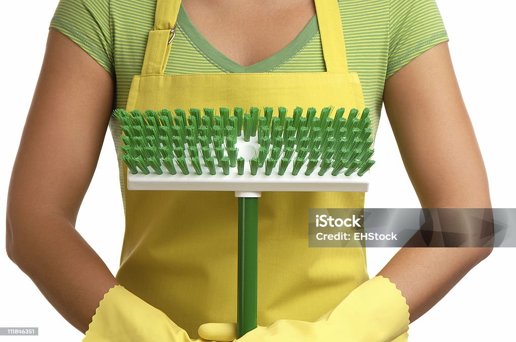 Woman Apron Rubber Gloves with Green Scrub Brush on White Maid holding a scrub brush  Adult Stock Photo