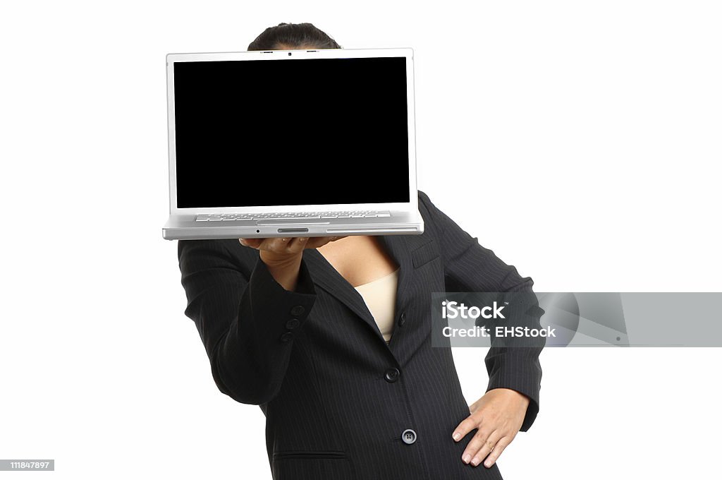 Donna d'affari tenendo vuota Computer portatile isolato su sfondo bianco - Foto stock royalty-free di Adulto